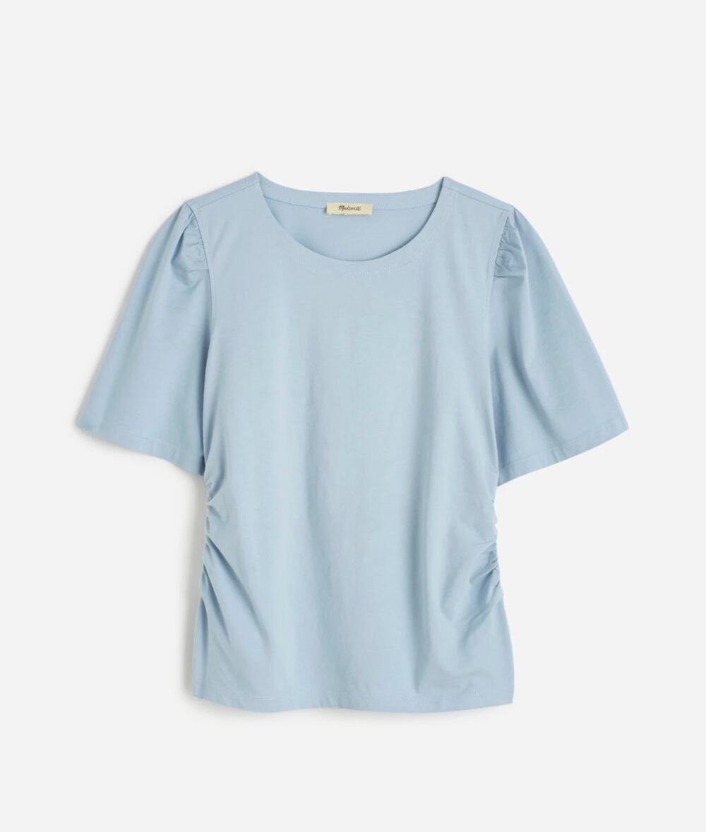 NEW Madewell Side Cinch Puff Sleeve Tee Shirt Cotton Feather Blue Round Neck XXS